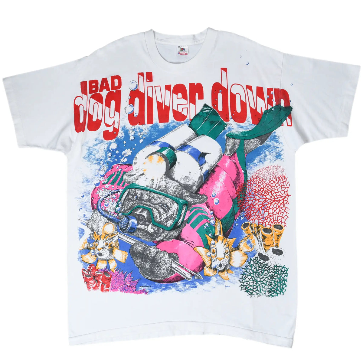 White T-shirt laid flat with oversized Bad Dog Diver Down scuba dog graphic across the front