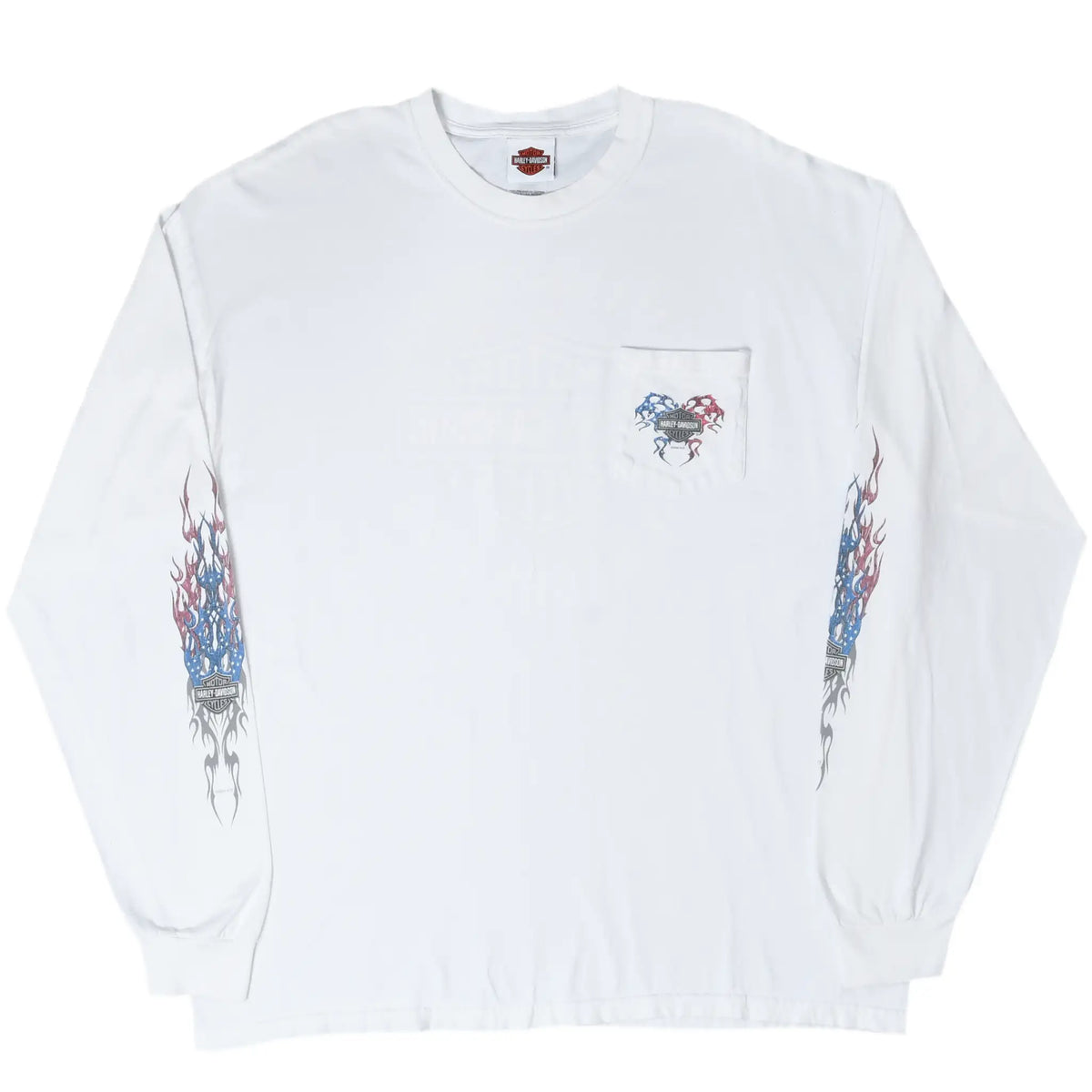 Front of white Harley-Davidson long-sleeve pocket T-shirt showing chest and sleeve graphics