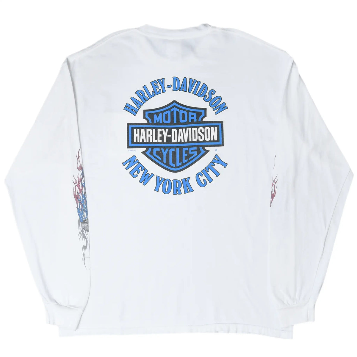 Back of white Harley-Davidson long-sleeve T-shirt with blue New York City logo graphic