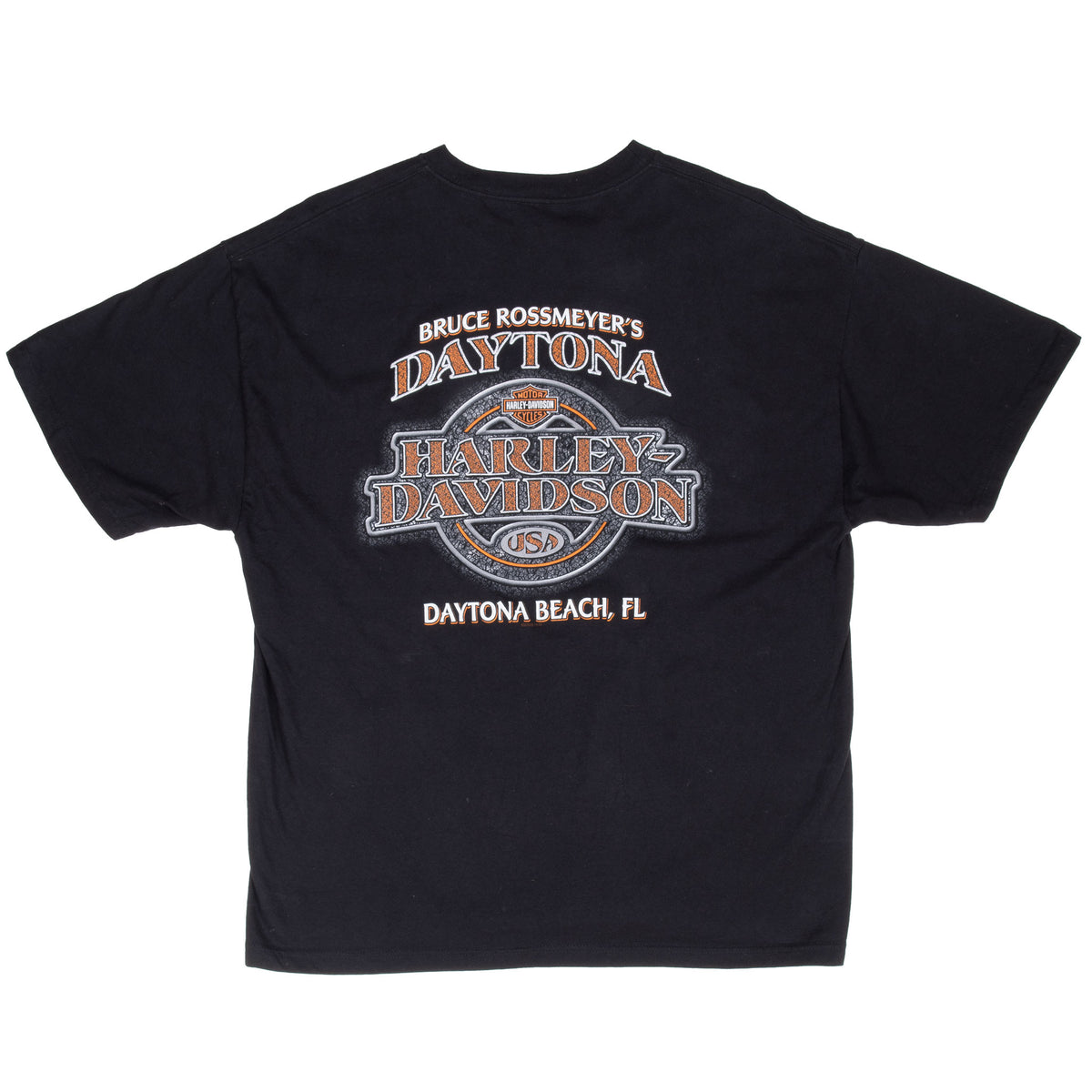 Back of black Harley-Davidson T-shirt with Bruce Rossmeyer's Daytona Beach graphic