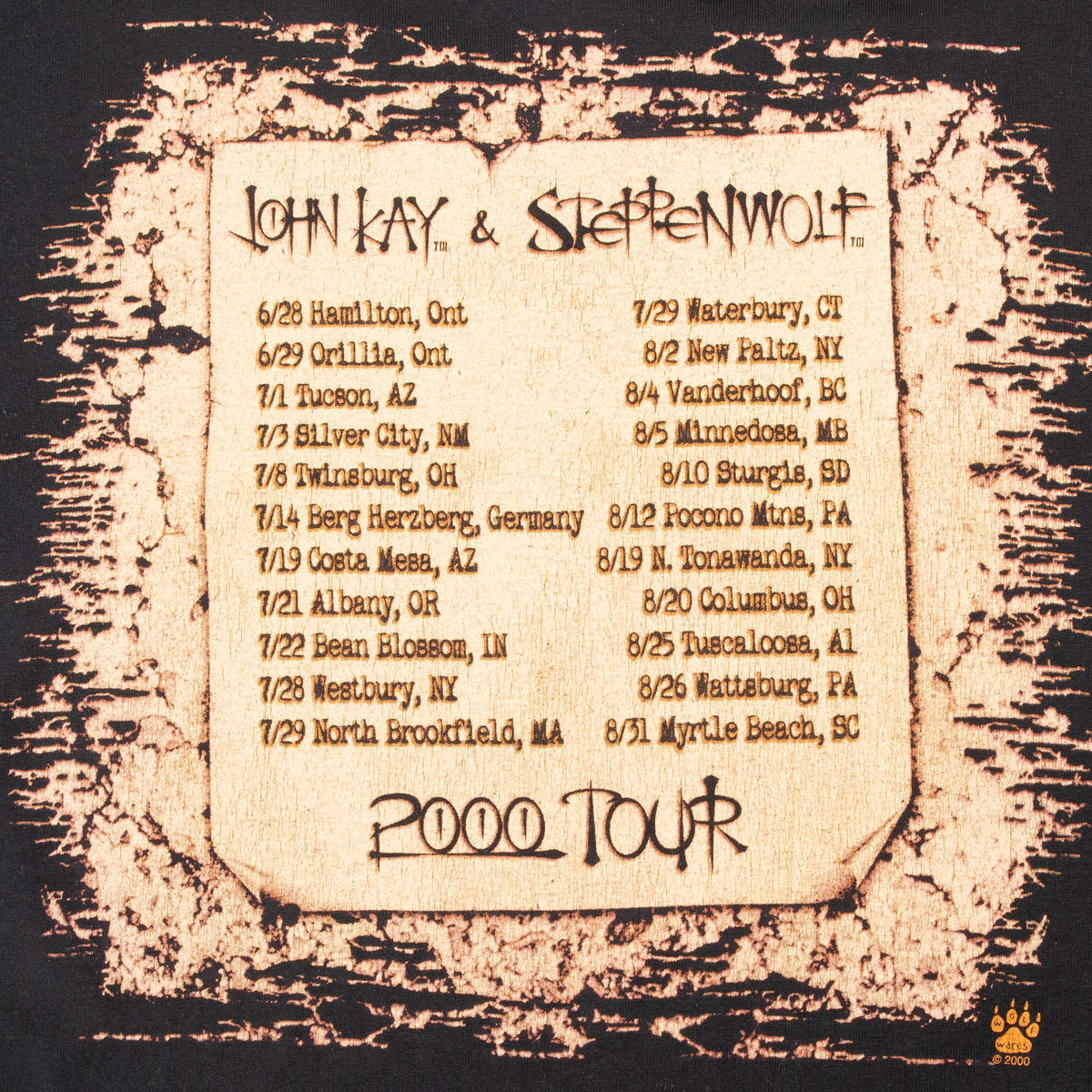 John Kay & Steppenwolf 2000 Tour back graphic listing dates and locations