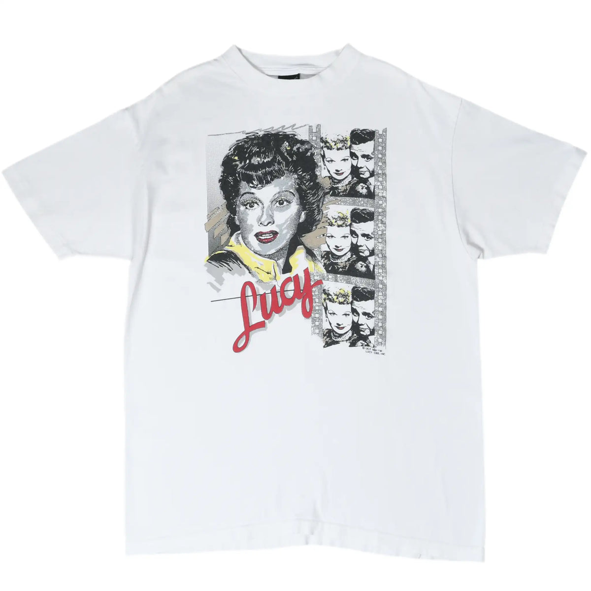 Full front of white I Love Lucy T-shirt with Lucille Ball portrait and Lucy and Desi filmstrip print