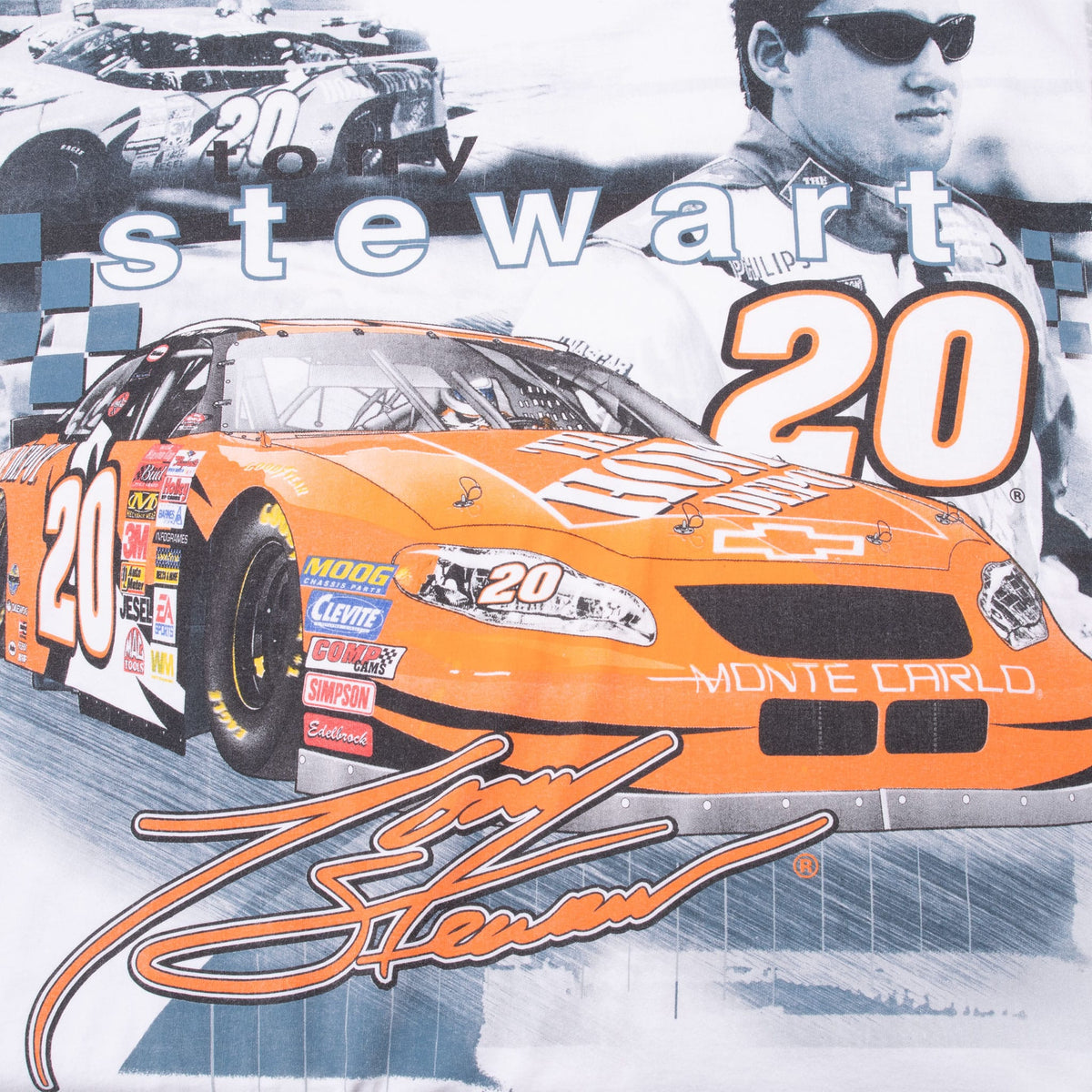 Close-up of front print with Tony Stewart portrait, No. 20 Home Depot car, and signature