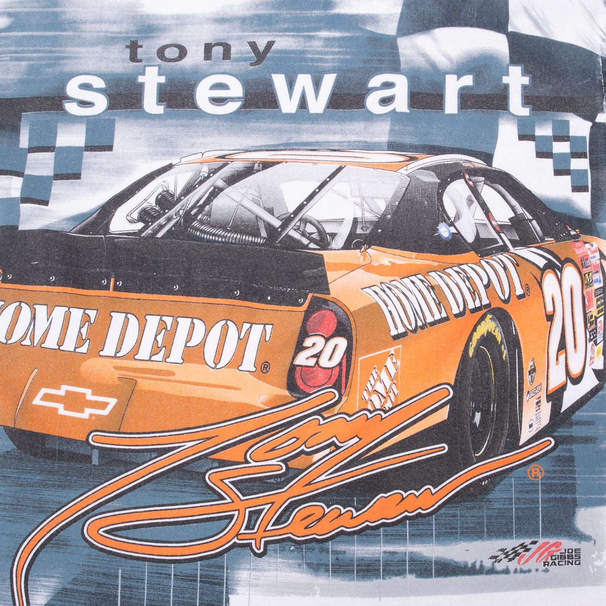 Close-up of back print with Tony Stewart name, No. 20 Home Depot car, and signature