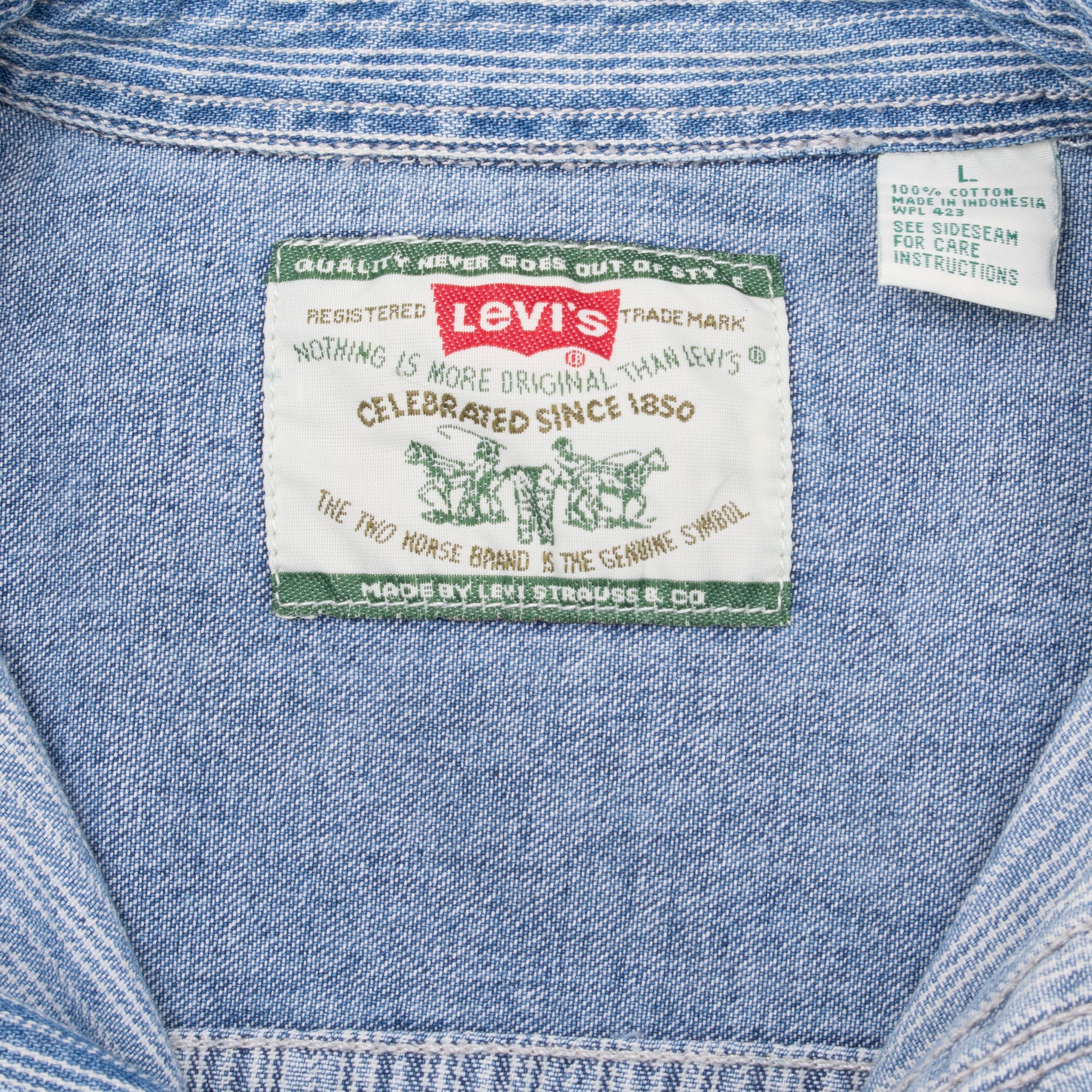 Close-up of Levi's neck label and care tag inside the blue striped shirt