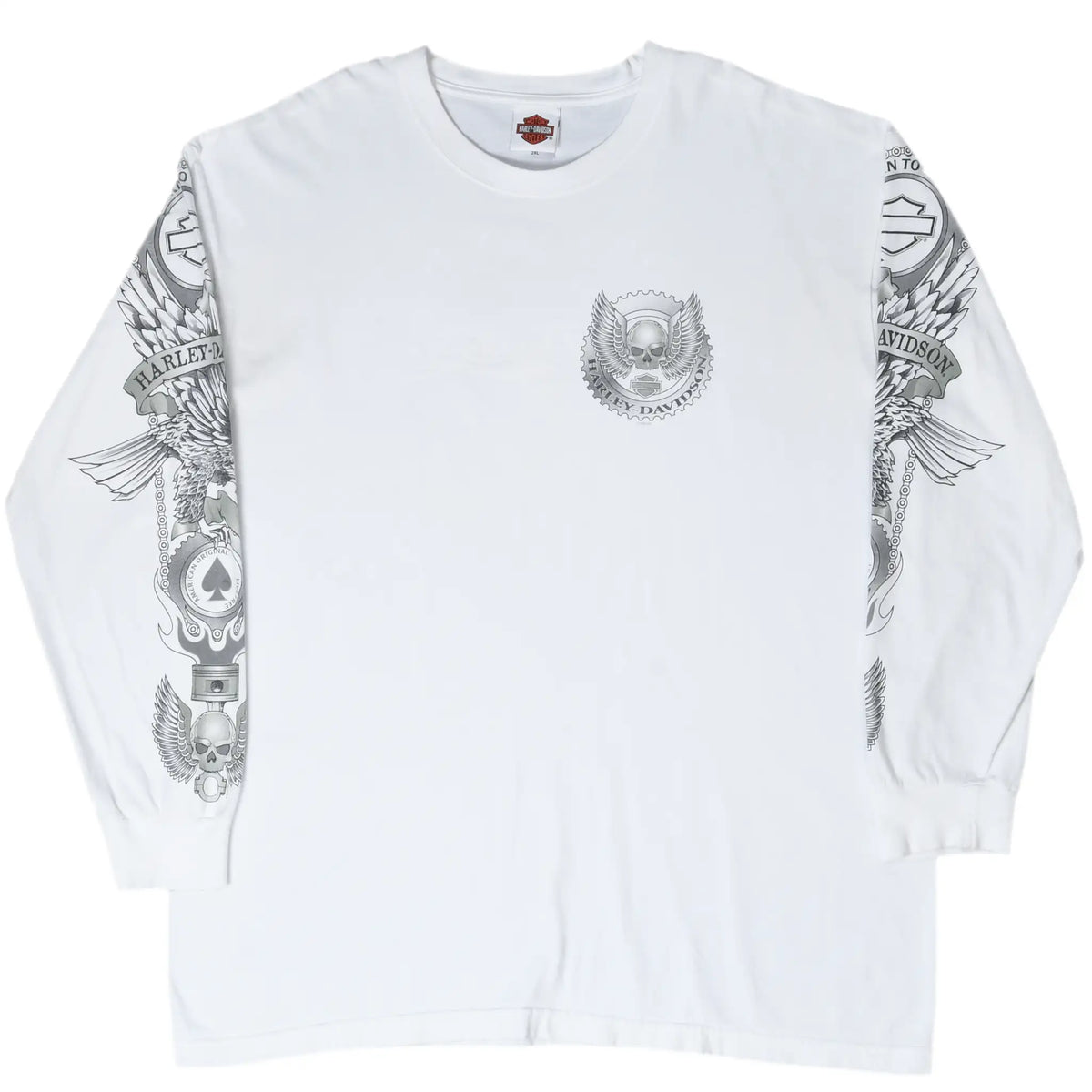 White Harley-Davidson long-sleeve shirt front with winged skull emblem and printed sleeves