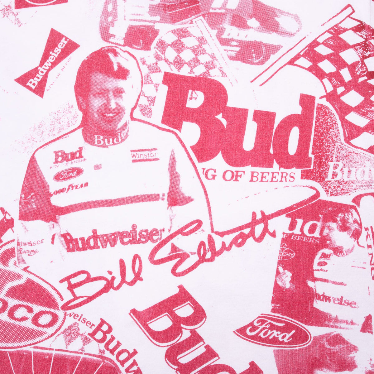 Close-up of red Bill Elliott portrait, signature and Budweiser graphics on white tee