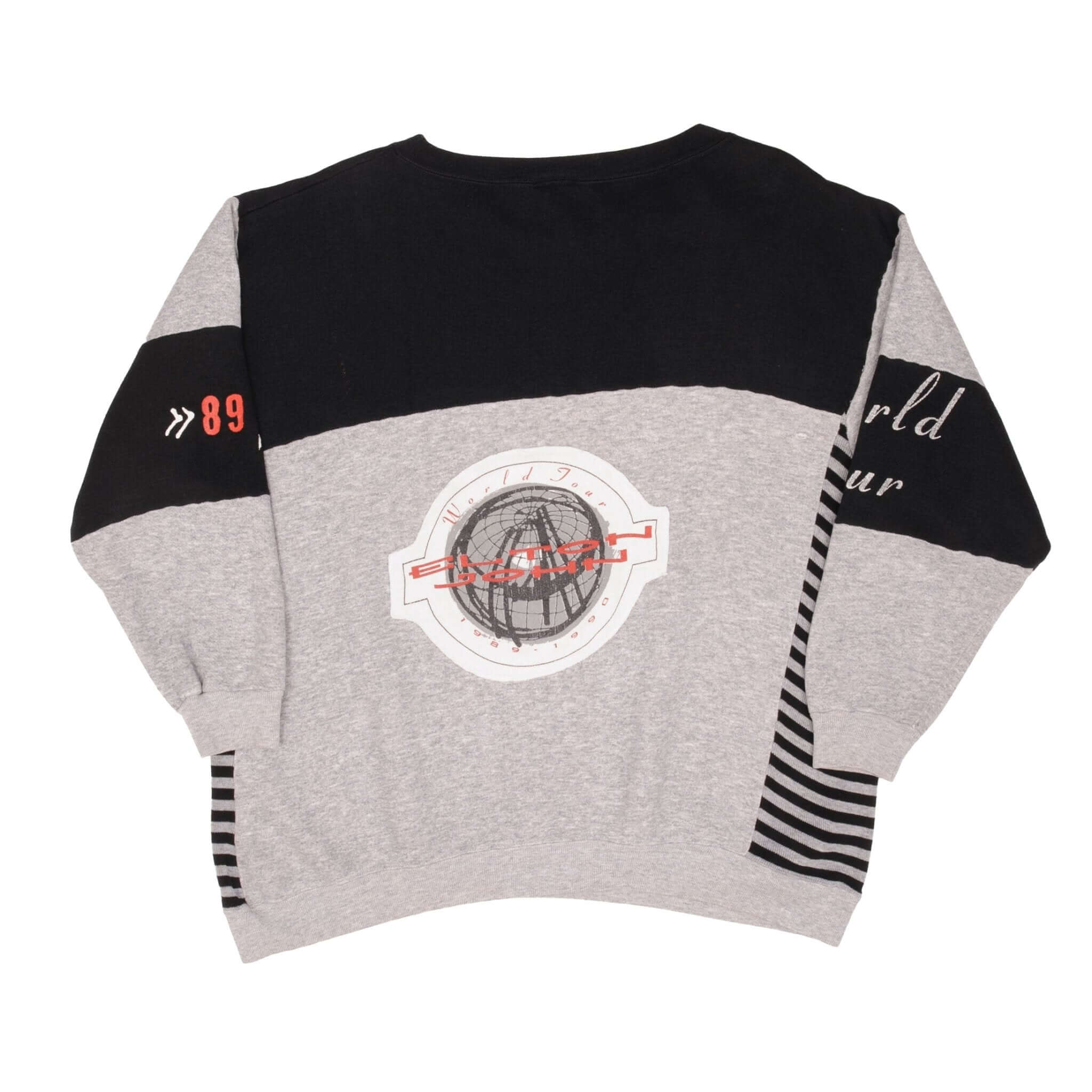 Back of gray and black Elton John sweatshirt with globe tour graphic and striped side panels