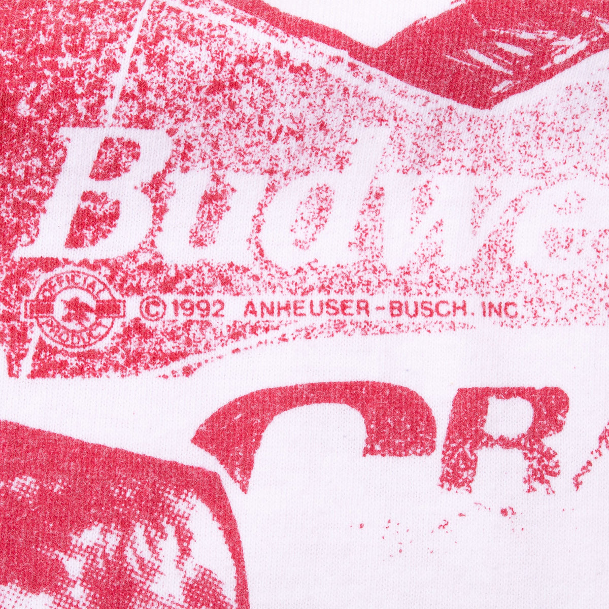 Close-up of red Budweiser print with 1992 Anheuser-Busch copyright mark