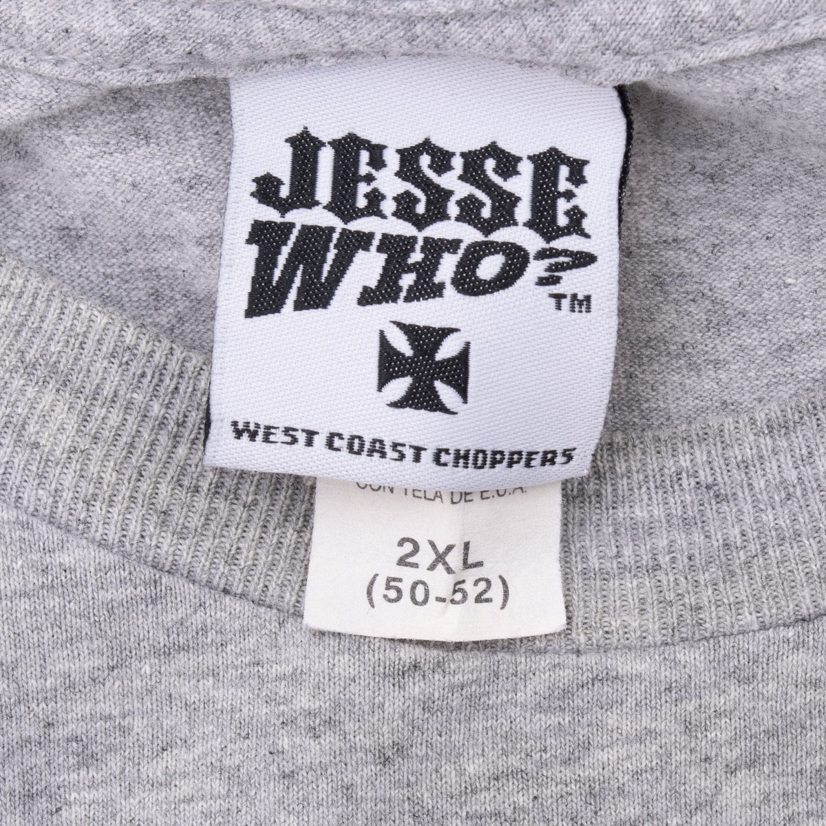 Jesse Who? West Coast Choppers neck label and 2XL size tag on gray T-shirt
