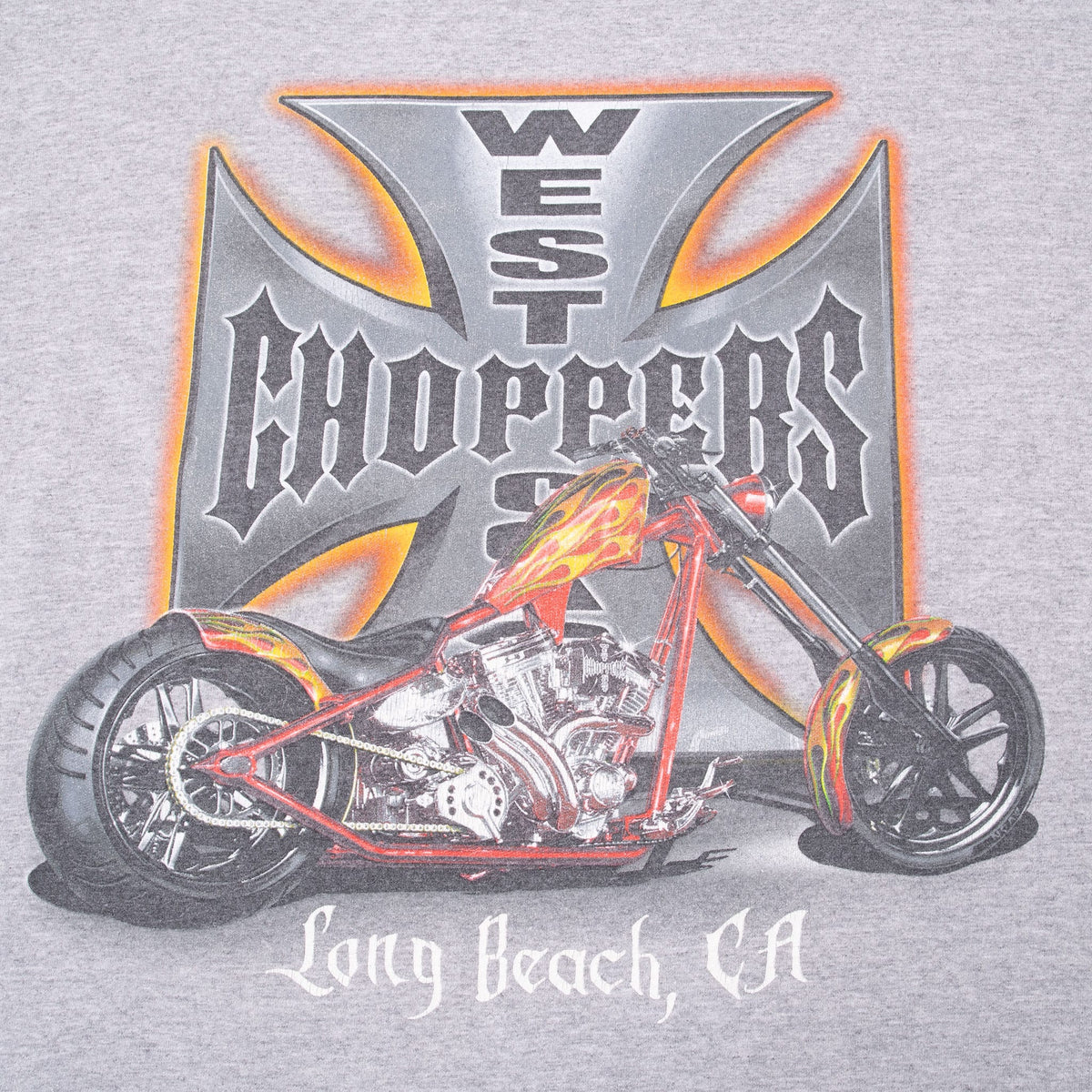 Close-up of West Coast Choppers back print with flame-painted motorcycle and Long Beach, CA text