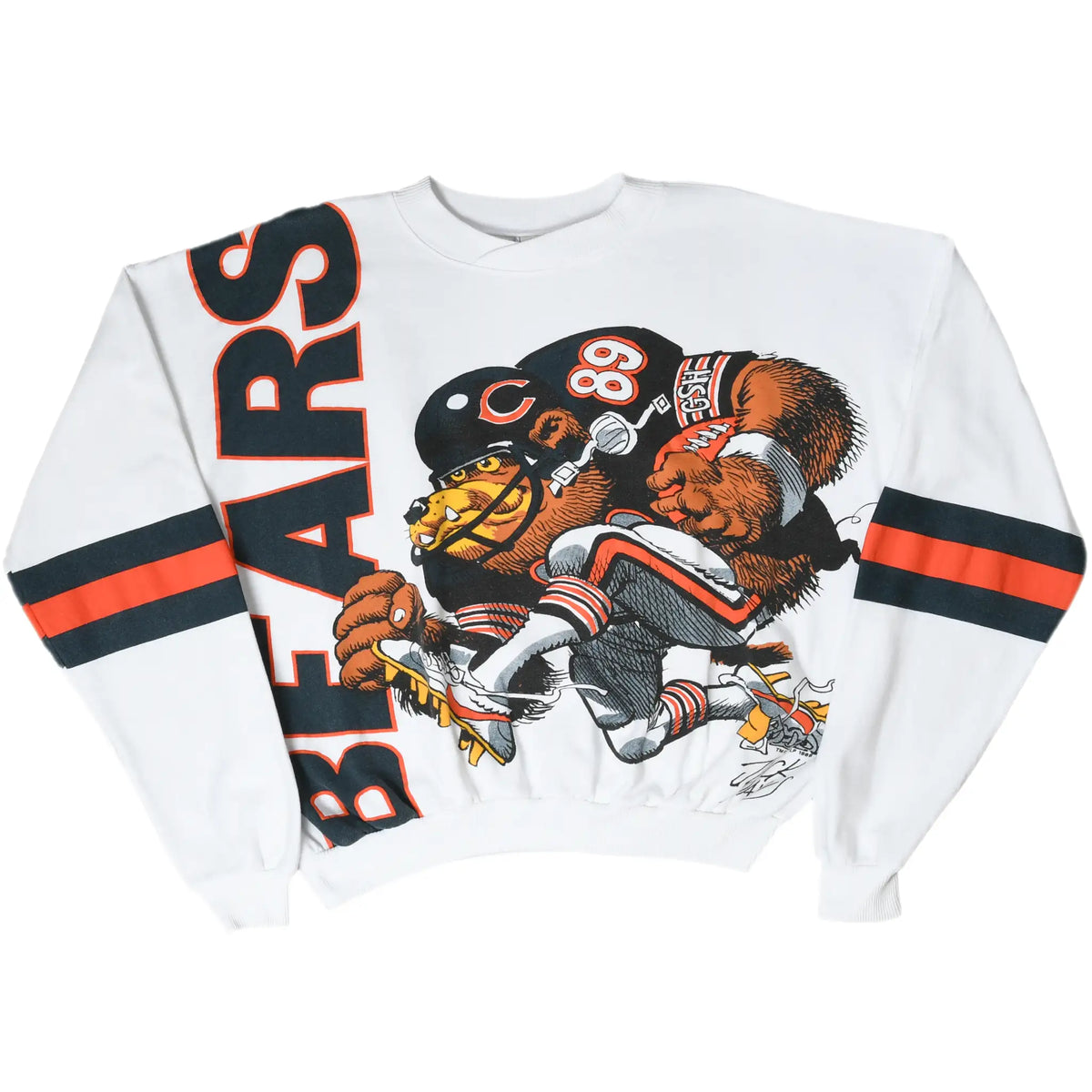 Front of white Chicago Bears sweatshirt with all-over football graphic and orange and navy sleeve stripes
