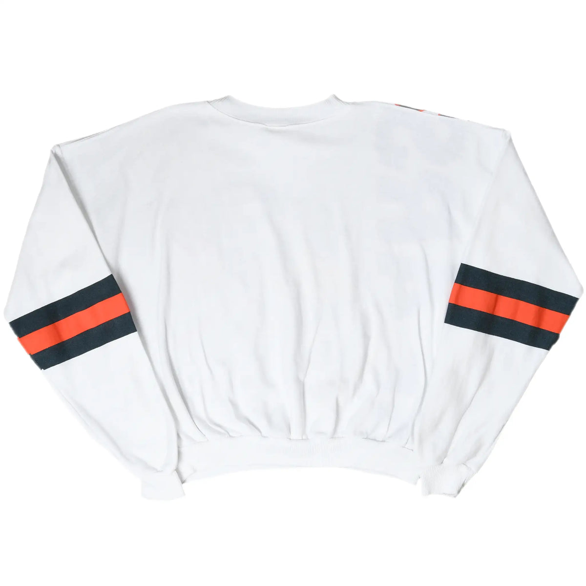 Back of white Chicago Bears sweatshirt with orange and navy stripes around both sleeves