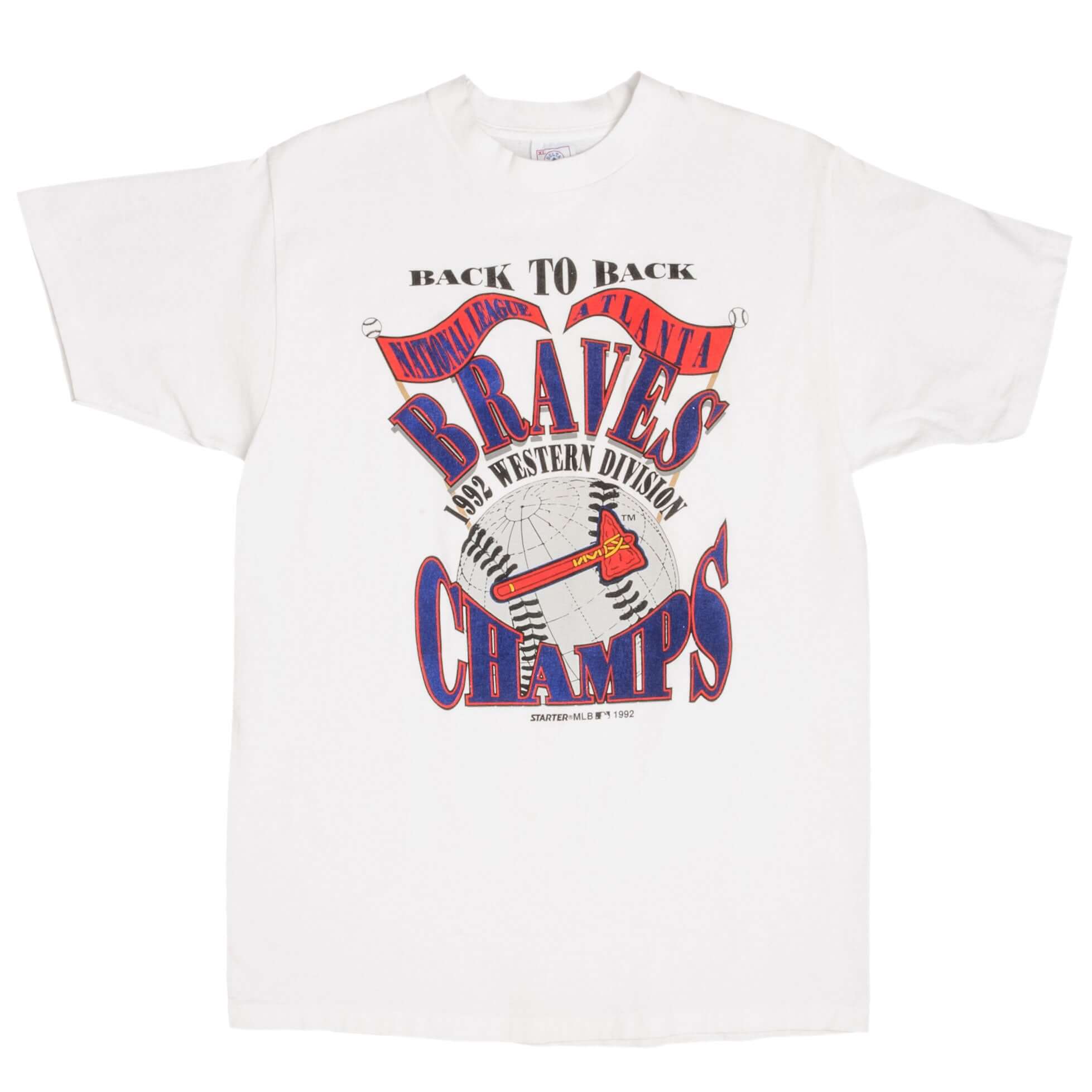 Vintage MLB Atlanta Braves Western Division Champions 1992 Back to Back White Tee Shirt Size Medium Made In USA With Single Stitch Sleeves