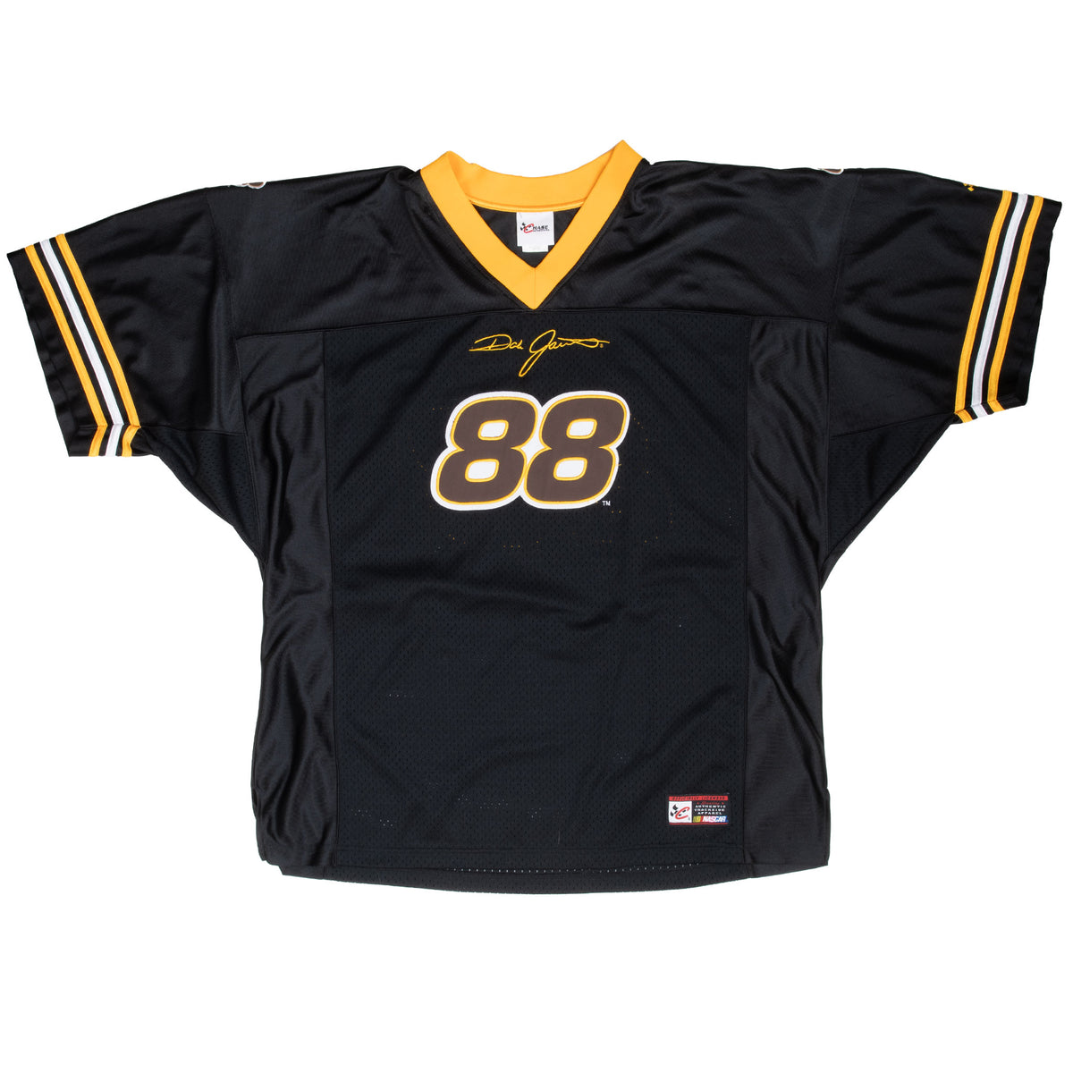 Full front of black Dale Jarrett NASCAR jersey with number 88 and striped sleeves