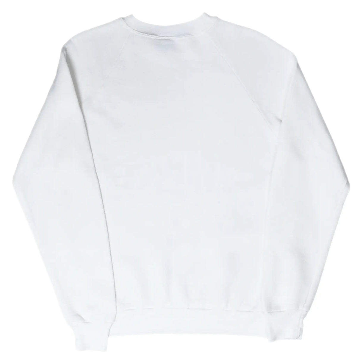 Back of plain white crewneck sweatshirt with raglan sleeves and ribbed trim