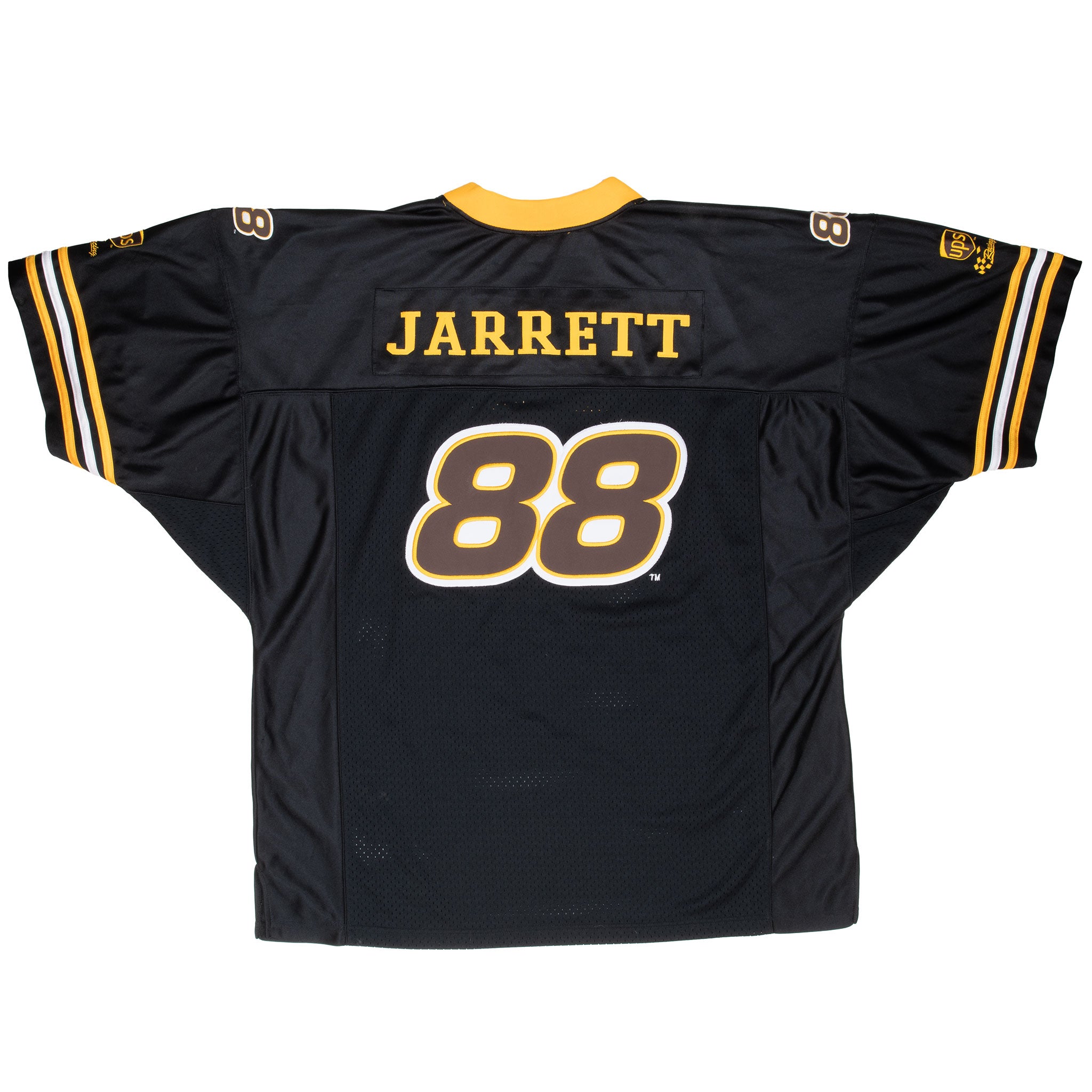 Back of black Dale Jarrett NASCAR jersey with JARRETT name, number 88 and striped sleeves
