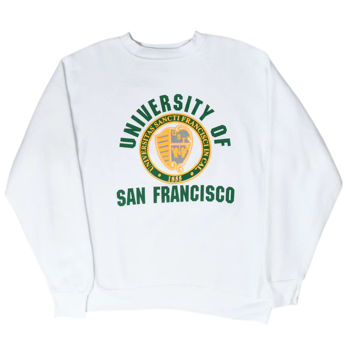 Full front view of white University of San Francisco crewneck sweatshirt with seal print