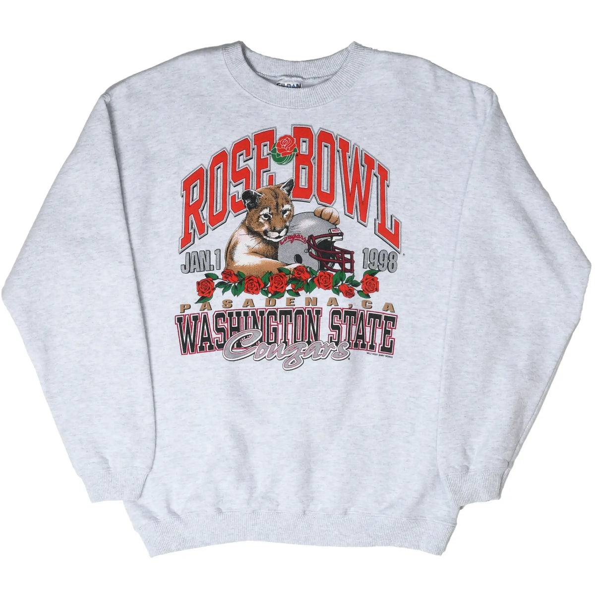 Full front view of gray Washington State Cougars Rose Bowl sweatshirt with Pasadena graphic