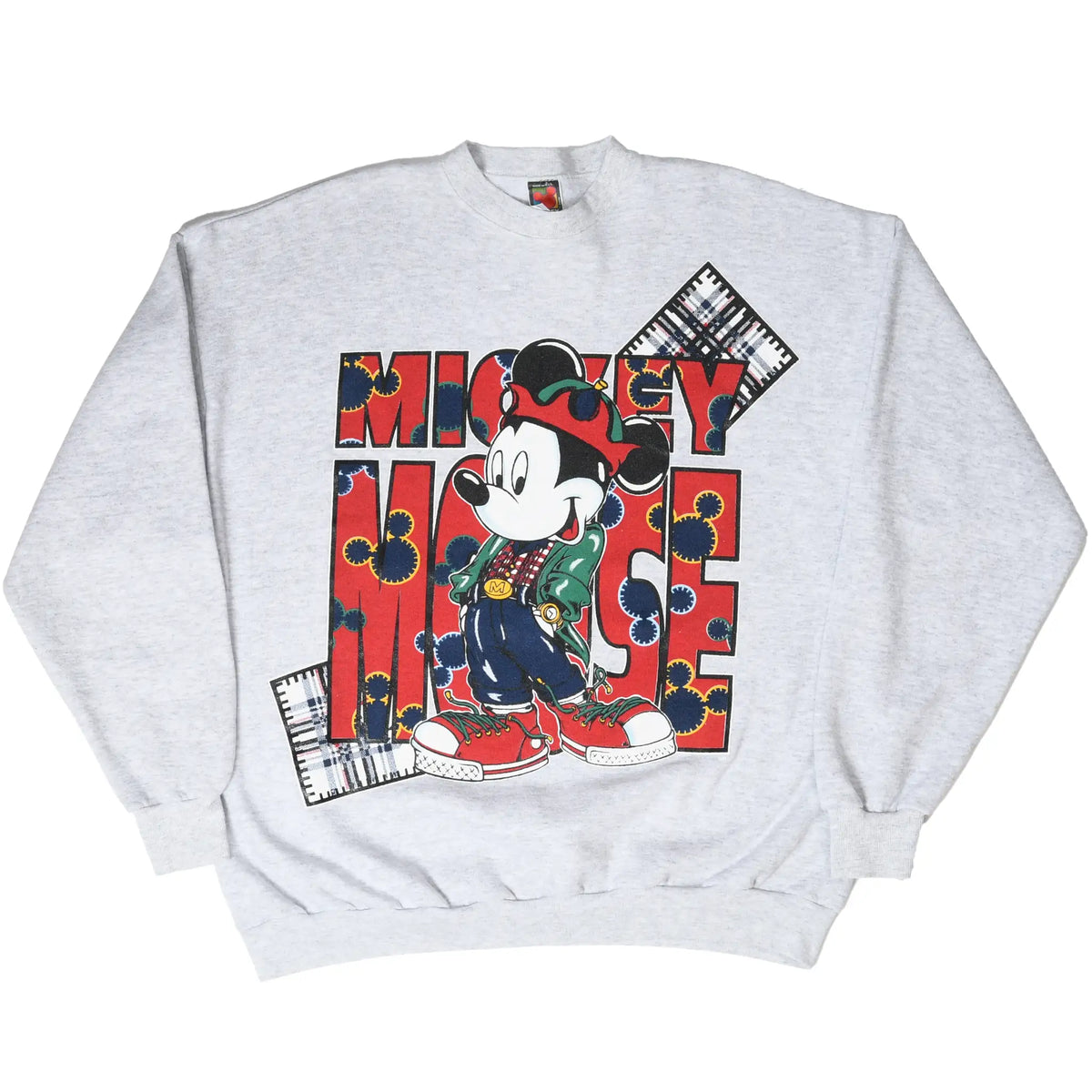 Full front view of grey Disney crewneck sweatshirt with Mickey Mouse graphic