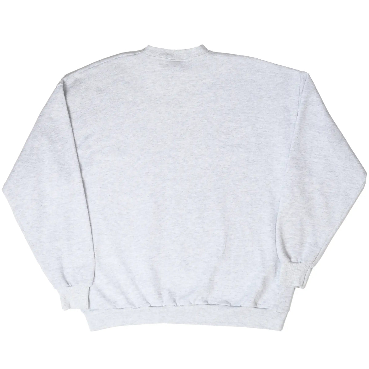 Back of grey crewneck sweatshirt with plain design and ribbed cuffs and hem