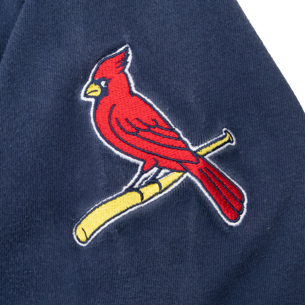 St. Louis Cardinals bird-on-bat embroidery on navy sleeve