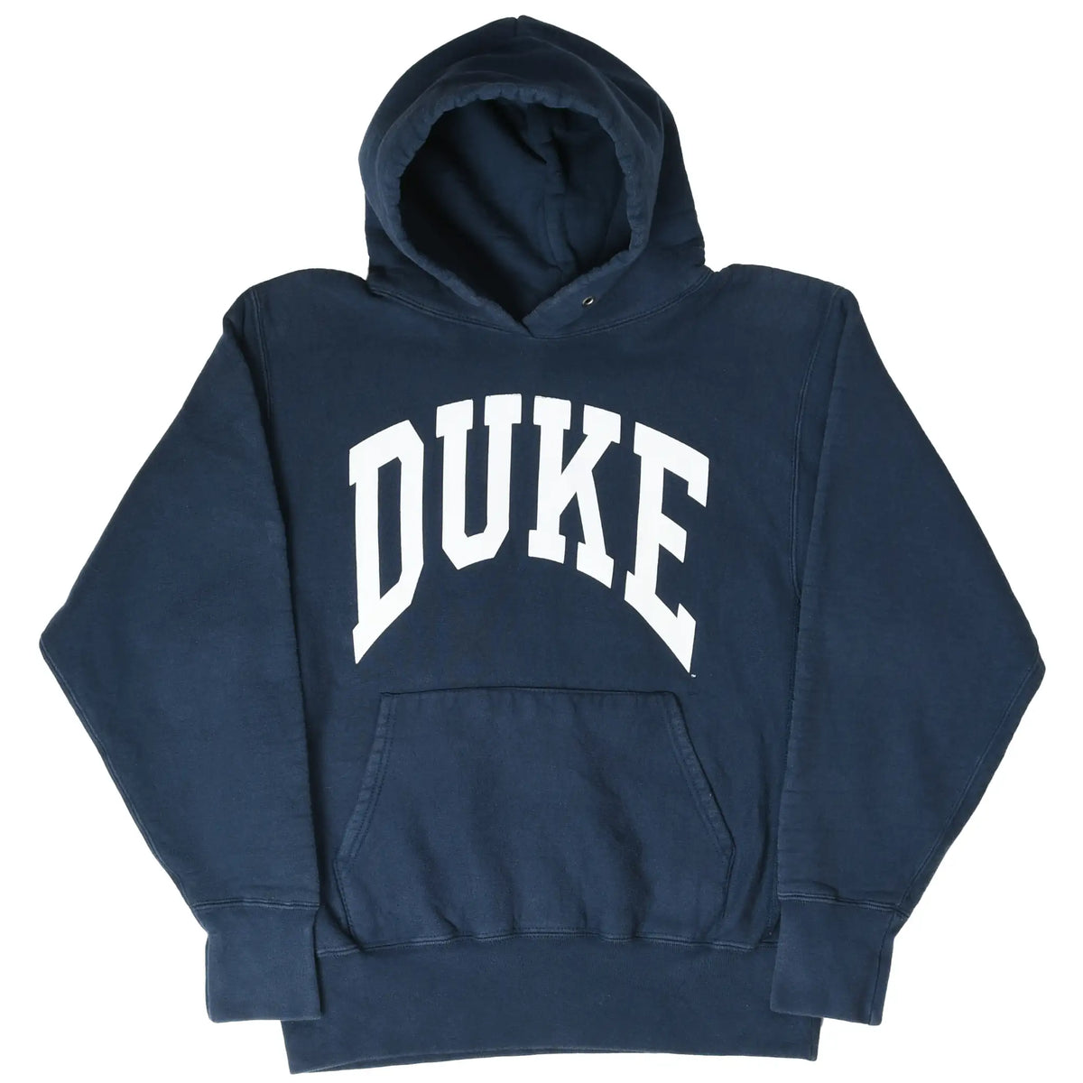Front view of navy Duke University pullover hoodie with white DUKE lettering