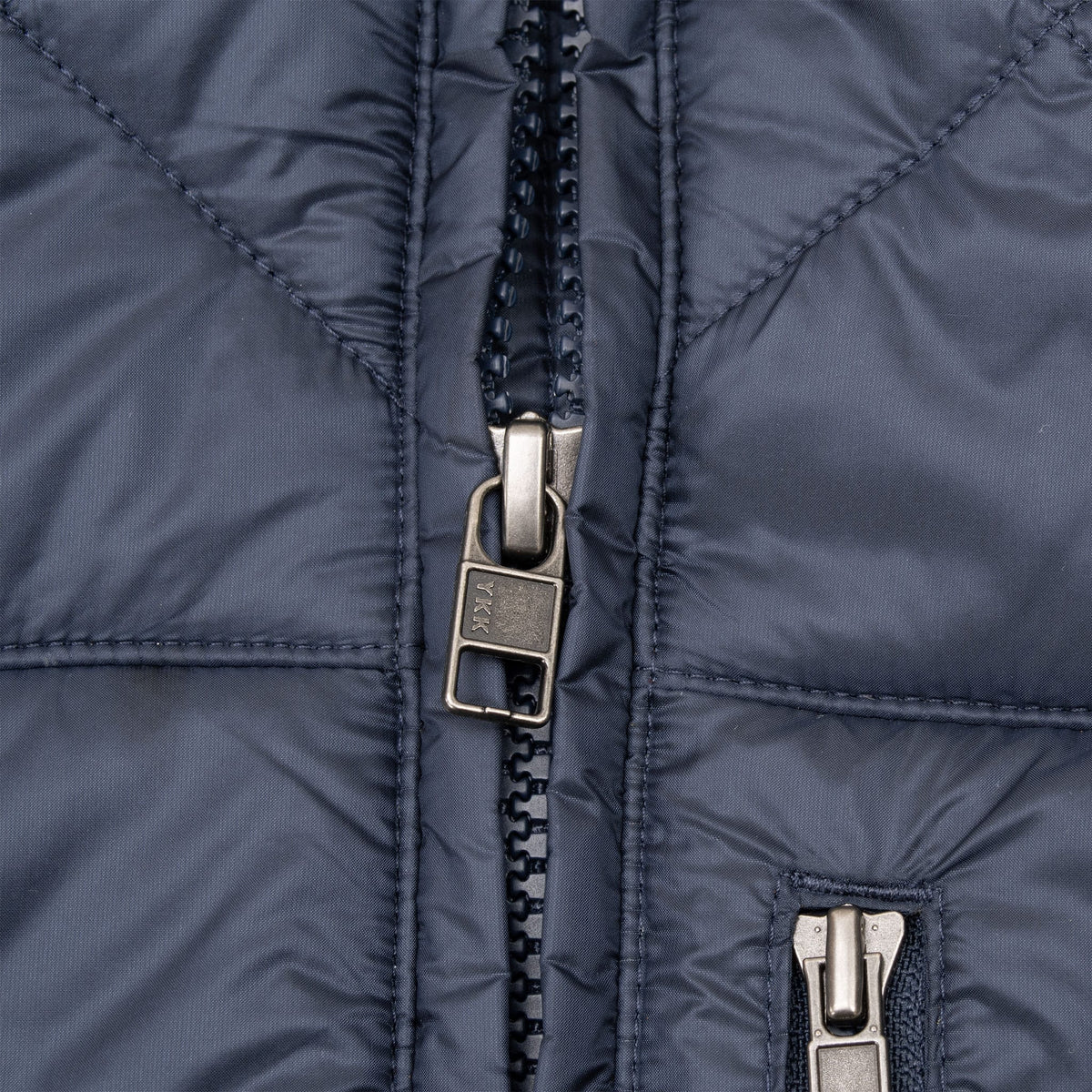 Close-up of front and chest pocket zippers on navy blue Patagonia Radalie parka