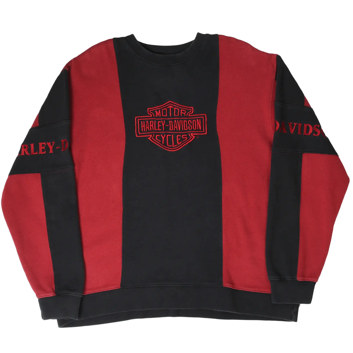 Full front view of black and red Harley-Davidson crewneck sweatshirt with embroidered logos