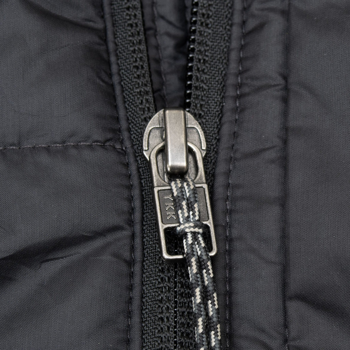 Close-up of YKK zipper and patterned cord pull on black Patagonia Radalie jacket