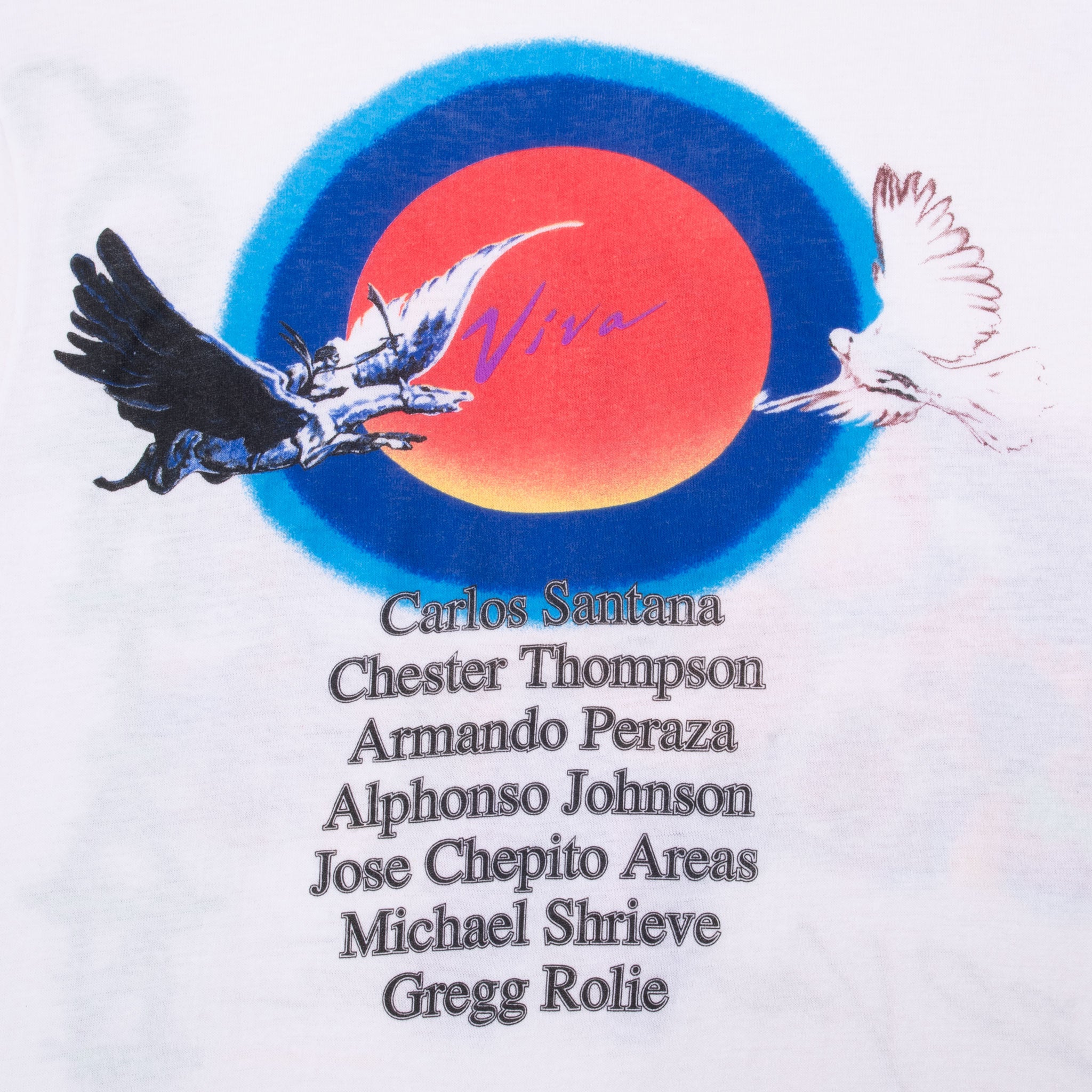 Close-up of back print with Viva bird graphic and Santana band member names