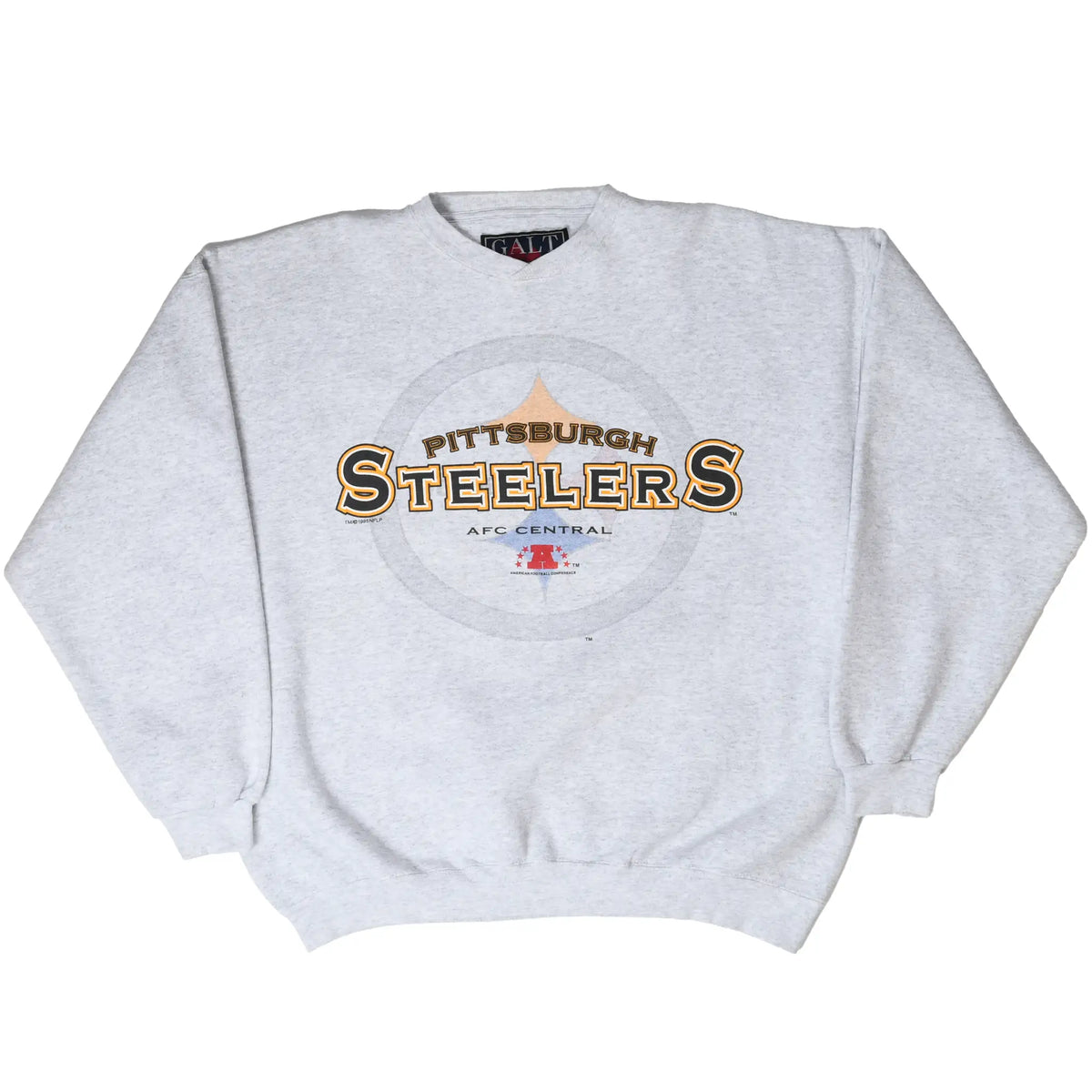 Full front view of gray Pittsburgh Steelers crewneck sweatshirt with AFC Central graphic