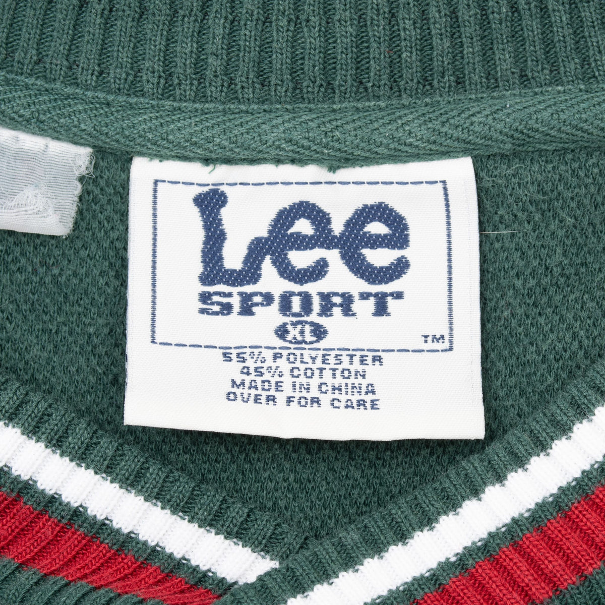 Lee Sport neck label and green, red and white striped crew neckline