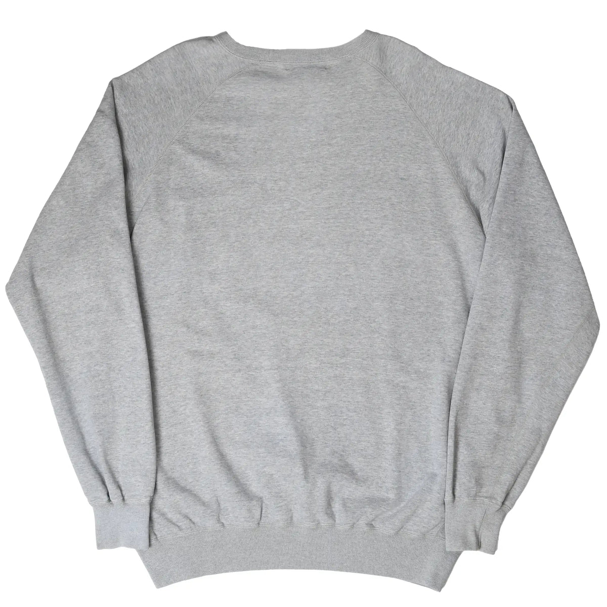 Back of grey Polo Ralph Lauren crewneck sweatshirt with ribbed cuffs, collar, and hem