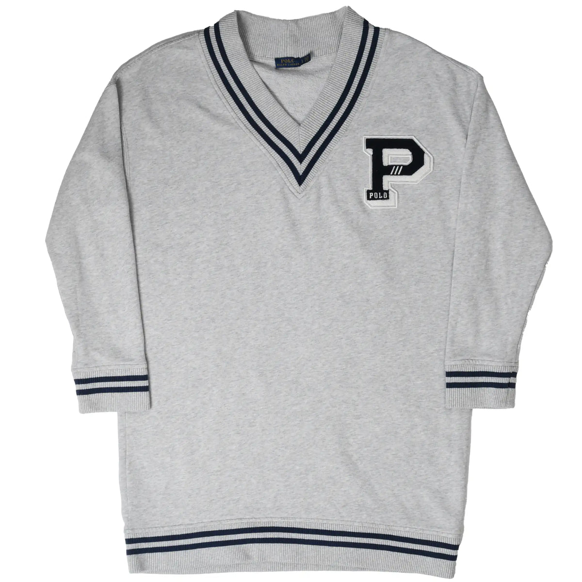 Full front of grey Polo Ralph Lauren sweater dress with navy and white striped trim and P patch