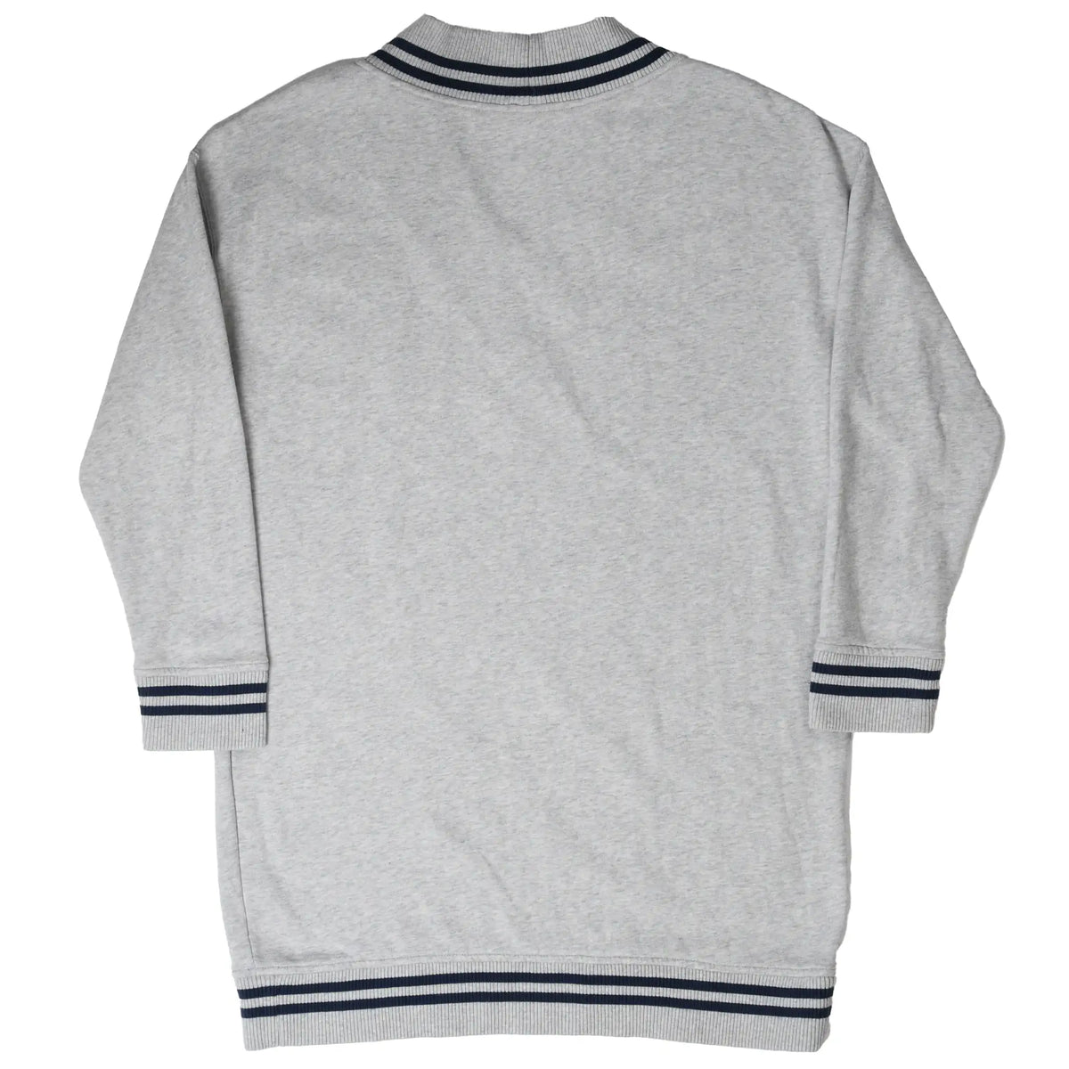 Back of grey Polo Ralph Lauren sweater dress with navy and white striped ribbed trim