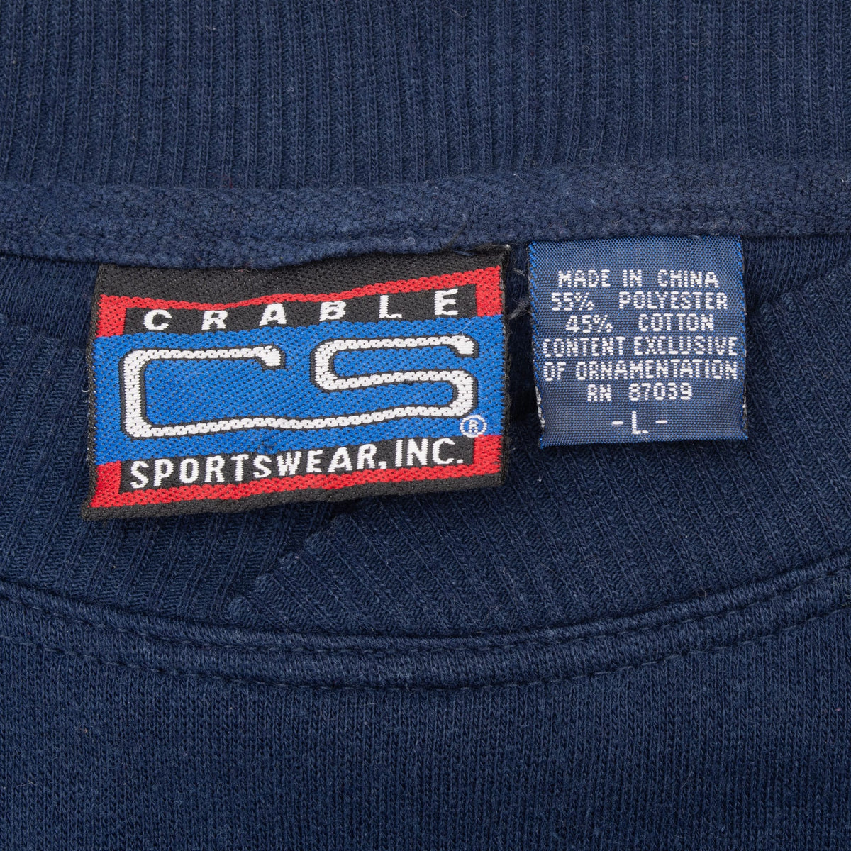 Crable Sportswear neck tag marked size large on navy sweatshirt