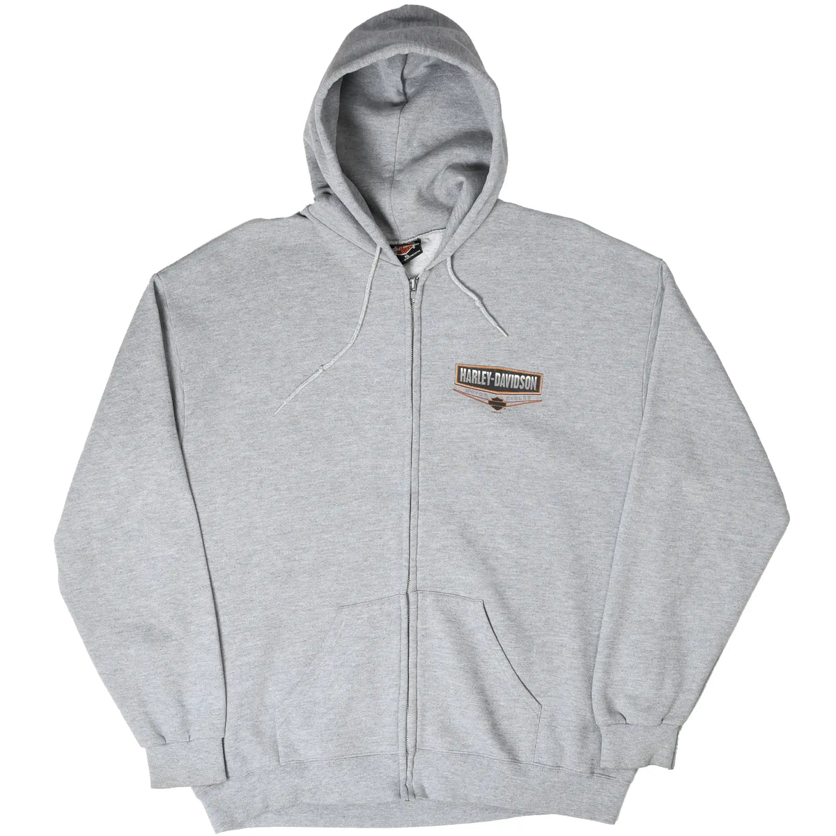 Front view of gray Harley-Davidson zip-up hoodie with hood, drawstrings, and chest logo