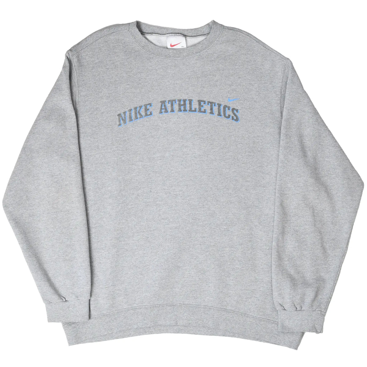 Full front view of grey Nike crewneck sweatshirt with blue Nike Athletics graphic