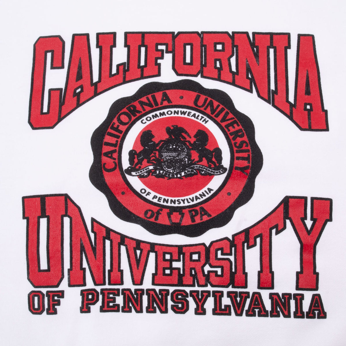 Close-up of red and black California University of Pennsylvania seal and lettering print