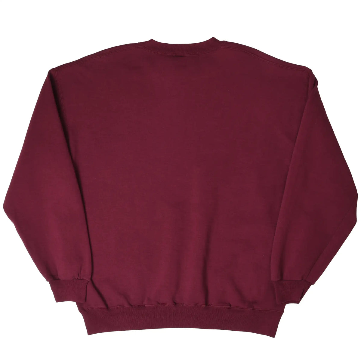 Back view of plain burgundy Russell Athletic crewneck sweatshirt with ribbed cuffs and waistband