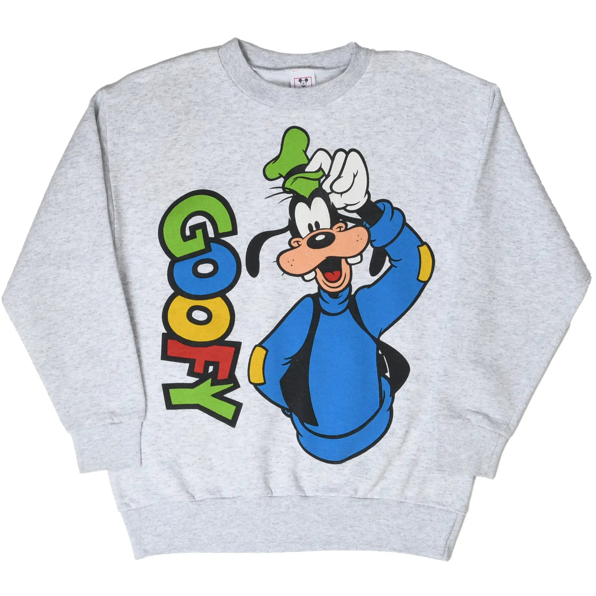 Front view of gray Disney Goofy sweatshirt with colorful character graphic