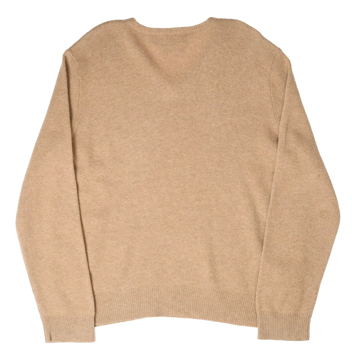 Back of beige Polo Ralph Lauren knit sweater with ribbed cuffs and hem
