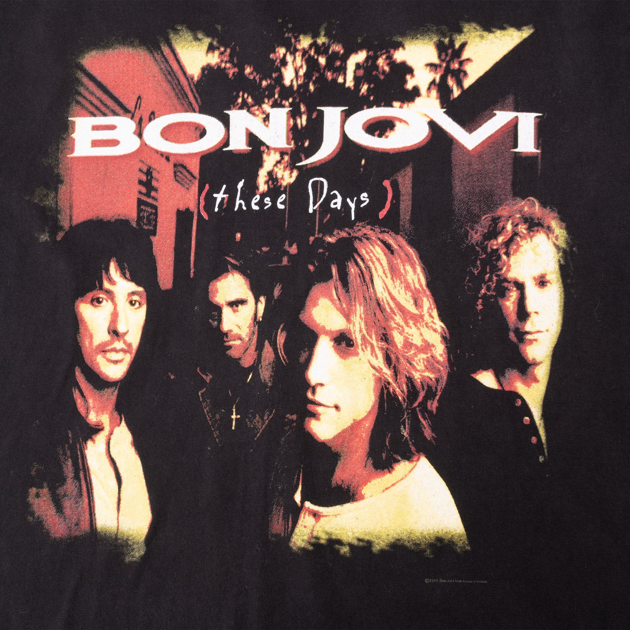 Close-up of Bon Jovi These Days front graphic with portraits of the band members