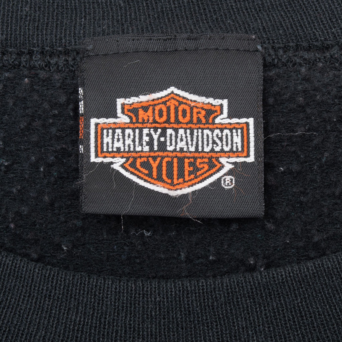 Harley-Davidson shield brand label inside the sweatshirt neckline