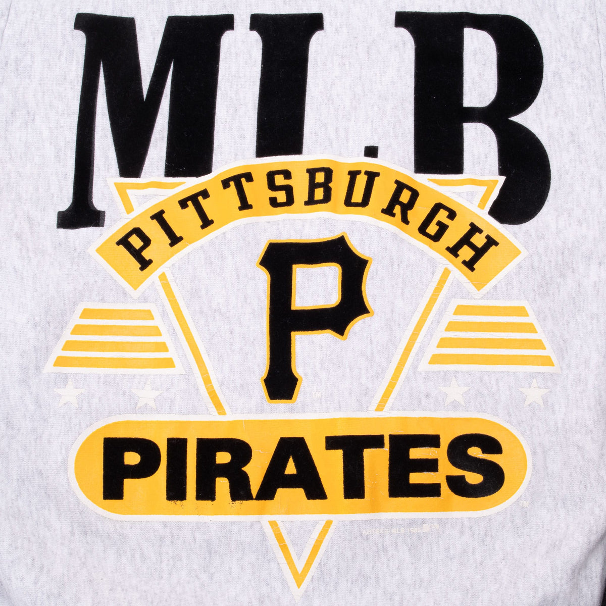 Close-up of black and gold MLB Pittsburgh Pirates front graphic with team P logo