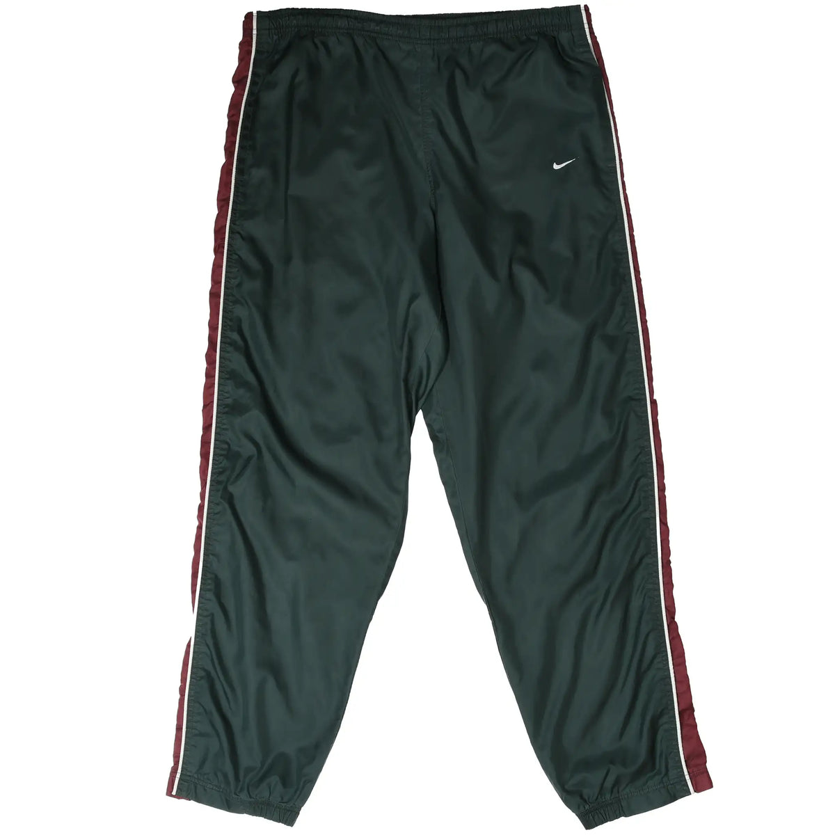 Front of dark green Nike track pants with burgundy side panels, white piping, and Swoosh embroidery
