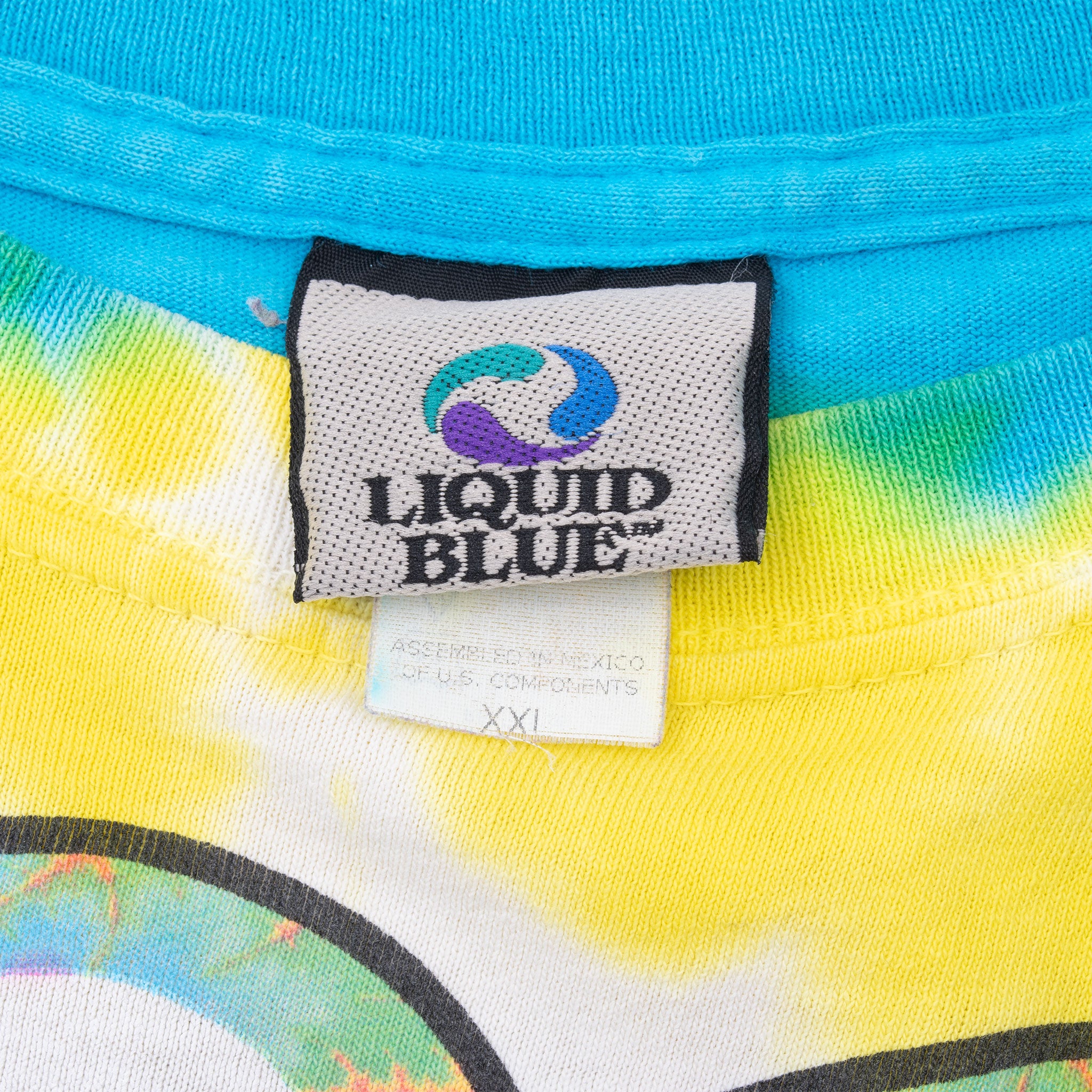 Liquid Blue neck tag and XXL size tag on Rolling Stones tie-dye T-shirt