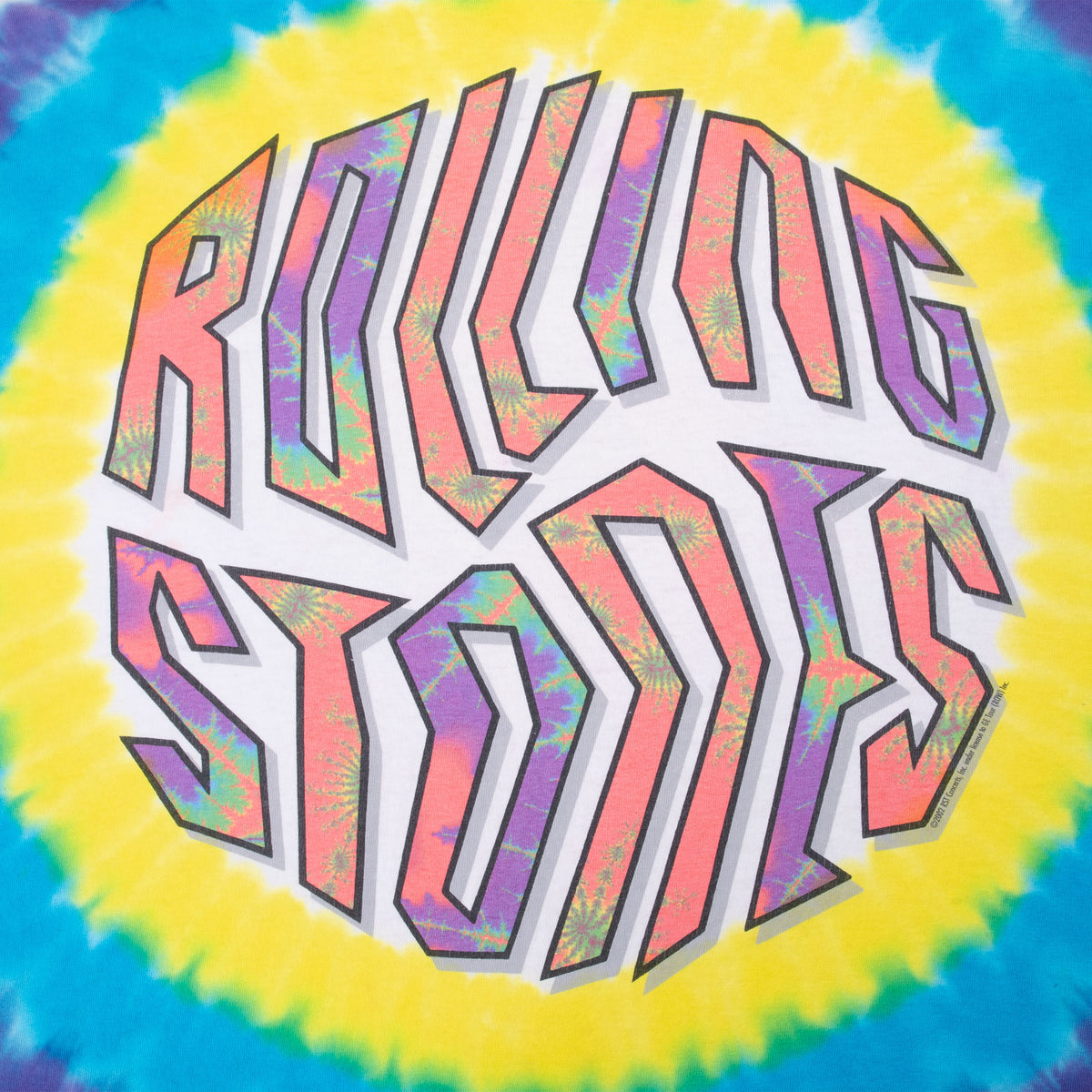 Close-up of circular Rolling Stones lettering graphic on tie-dye T-shirt back