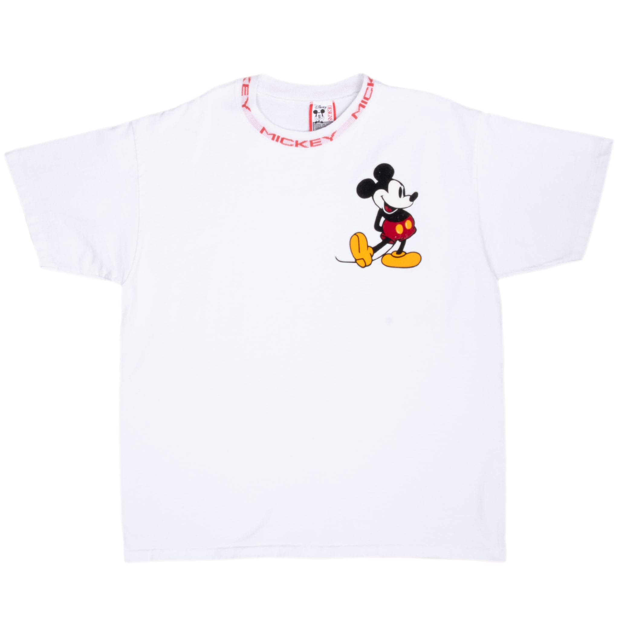 Front of white Disney T-shirt with Mickey Mouse left-chest graphic and red Mickey neckline